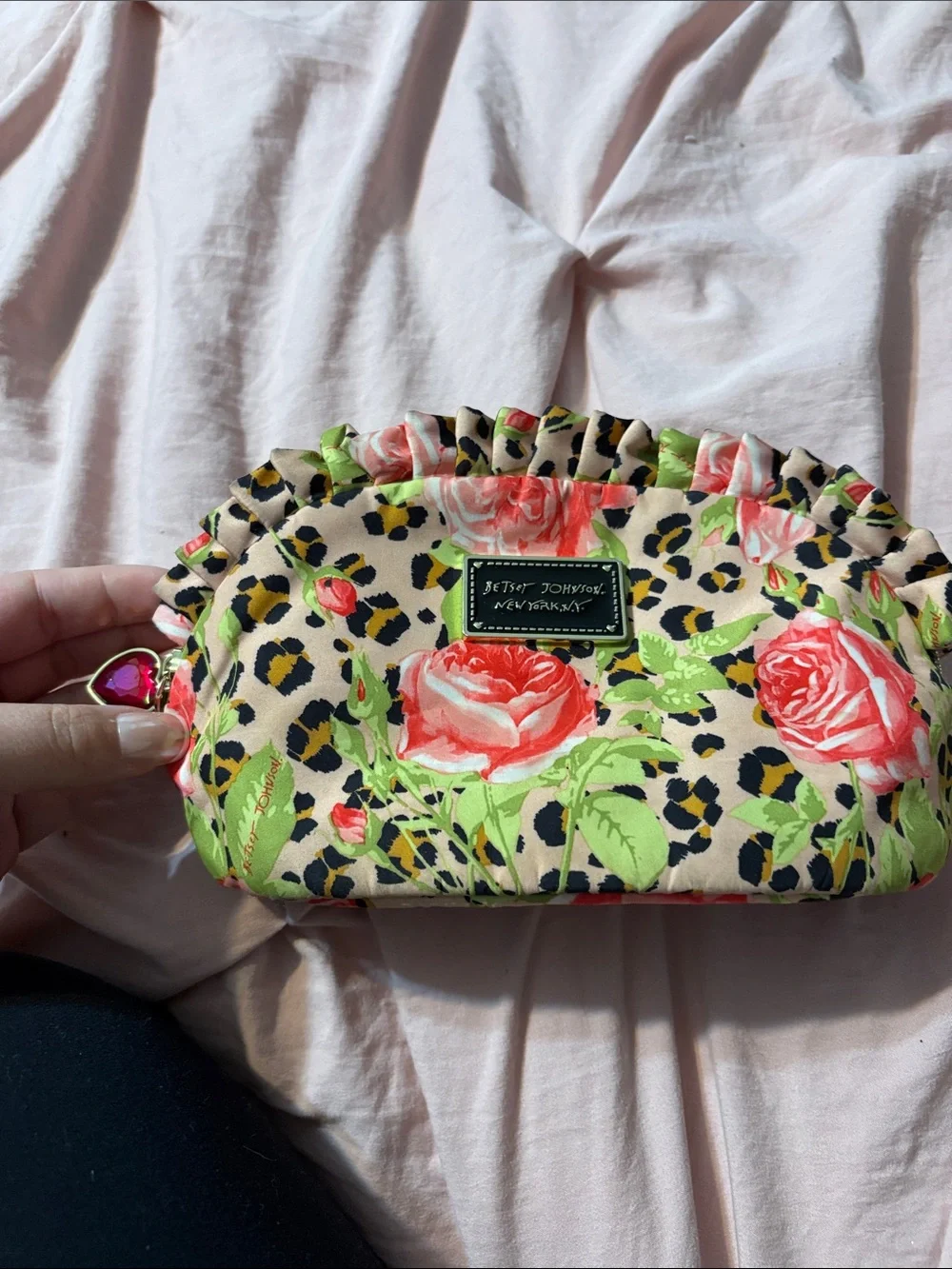 Betsey Johnson Floral Rose & Leopard Ruffle Cosmetic Bag - Pink/Green/Beige